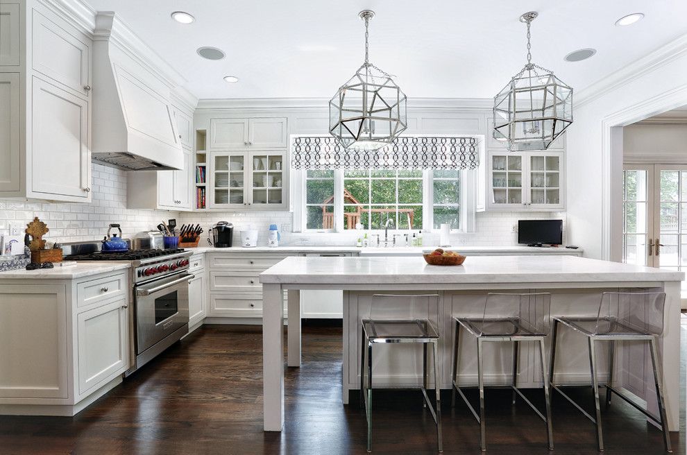 Jesco Lighting for a Traditional Kitchen with a White Kitchen and Bramble Lane   Riverside, Ct by Vita Design Group