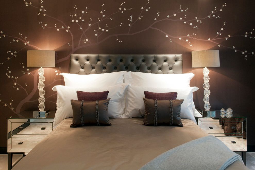 Julian Chichester for a Modern Bedroom with a Hand Embroidered Wallpaper and Mayfair Penthouse Bedroom by Oliver Burns