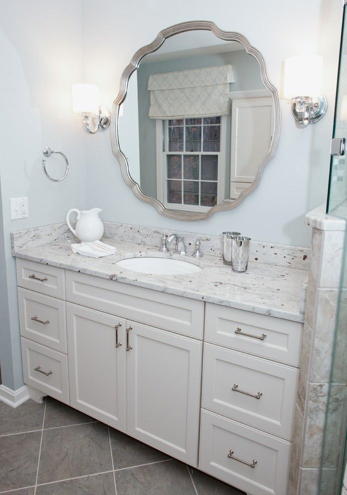 Kashmir White Granite for a Traditional Bathroom with a Tile Floor and Master Bathroom Retreat by Meredith Ericksen
