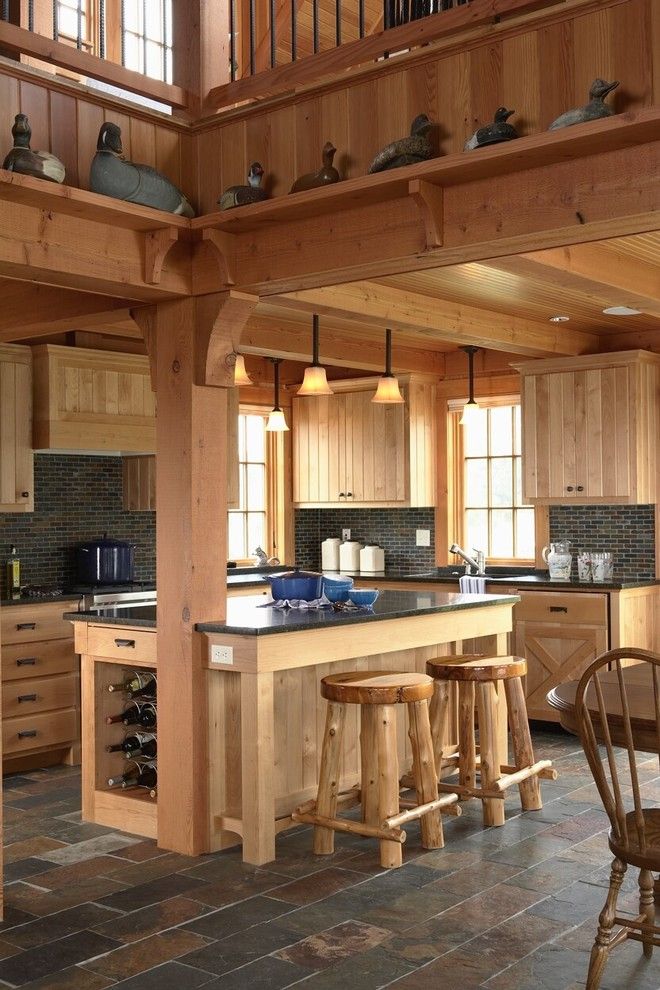 Kate Lo Tile for a Rustic Kitchen with a Stools and Otter Tail Hunting Lodge by David Heide Design Studio