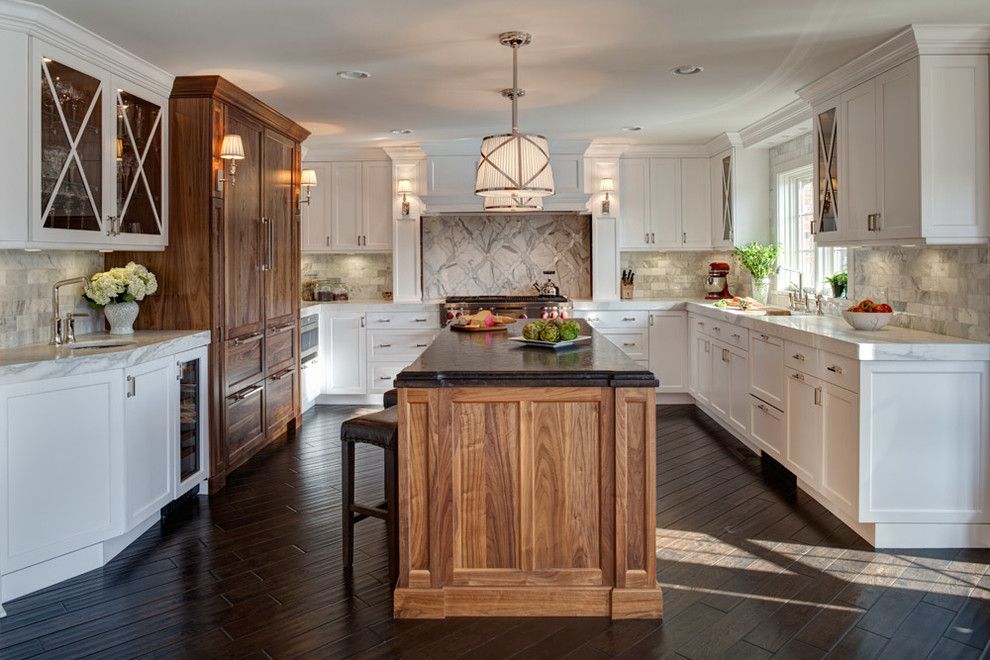 Kentwood Flooring for a Transitional Kitchen with a One Level Island and Naperville Residence:  Kitchen, Mudroom, Powder Room by Gina Bon, Airoom Architects & Builders Llc