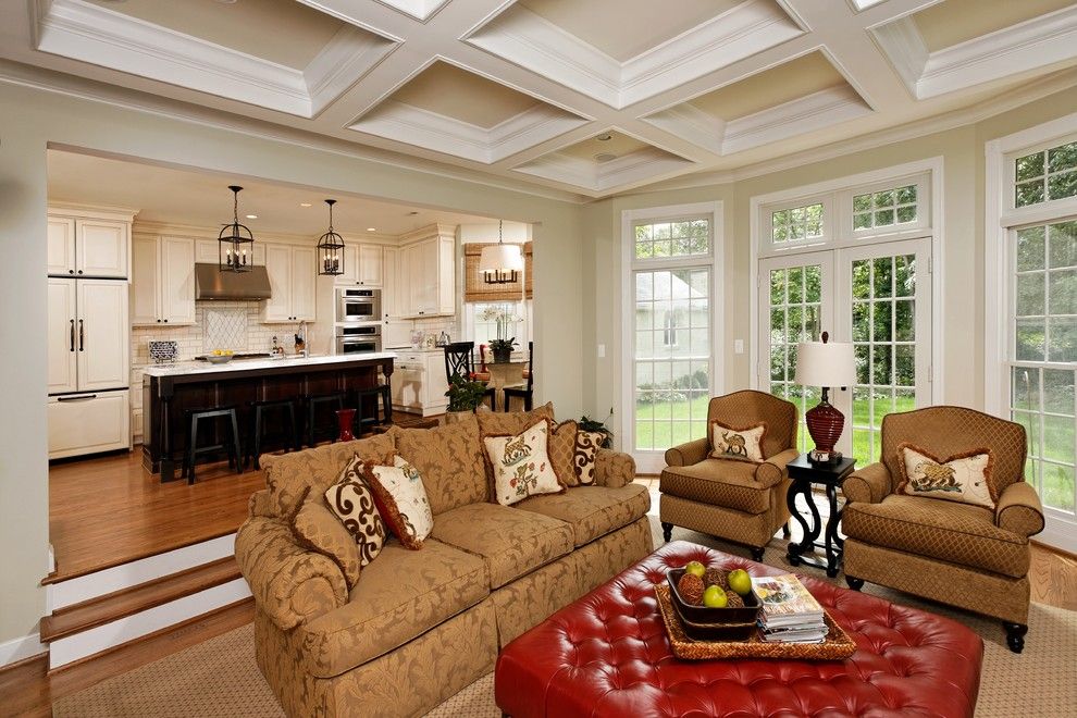 Knock Down Ceiling for a Traditional Family Room with a Area Rug and Family Room with Coffered Ceilings by Christine Kelly / Crafted Architecture