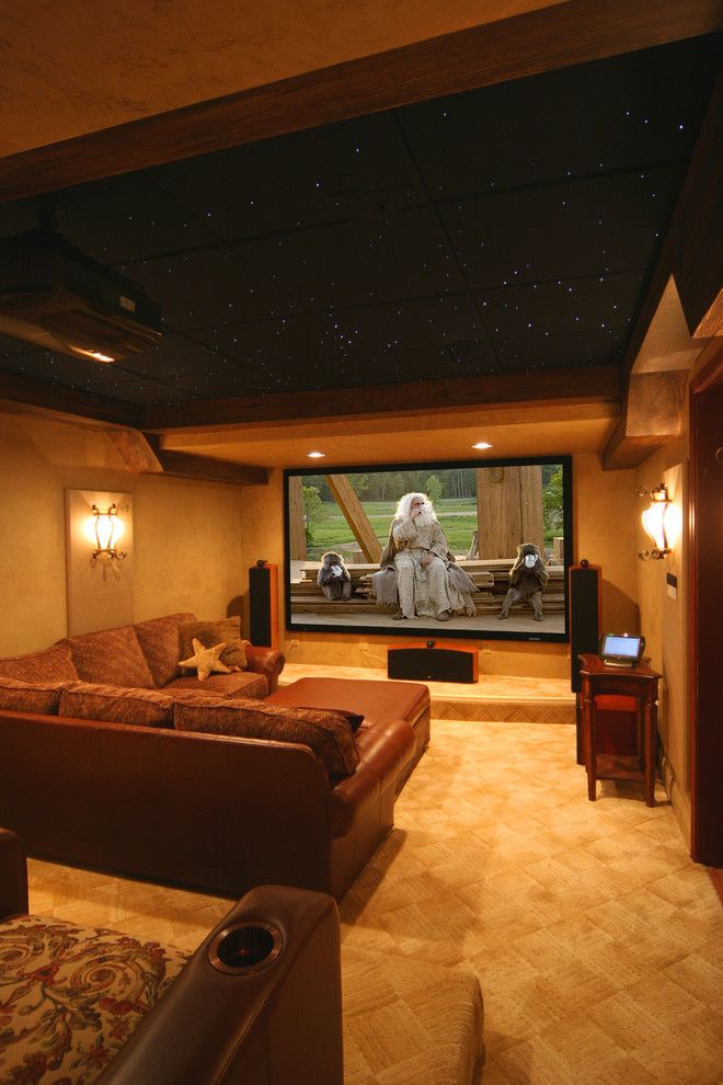 Knock Down Ceiling for a Traditional Home Theater with a Wall Sconce and ... by Gramophone