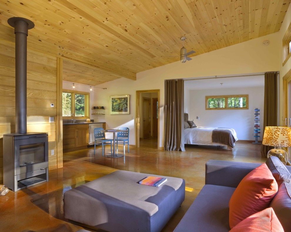 Knotty Pine for a Modern Living Room with a Pillow and Modern Cabin by Joan Heaton Architects