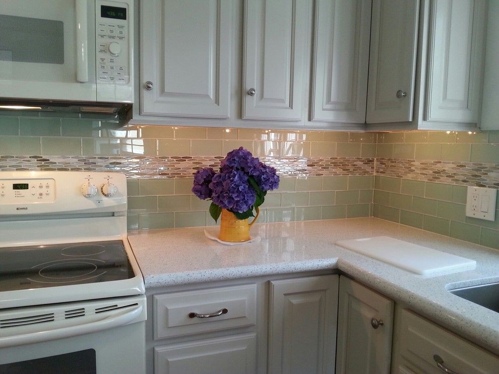 Kountry Wood Products for a Beach Style Kitchen with a Glass Mosaics and Essentials Subway Glass Collection by Best Tile