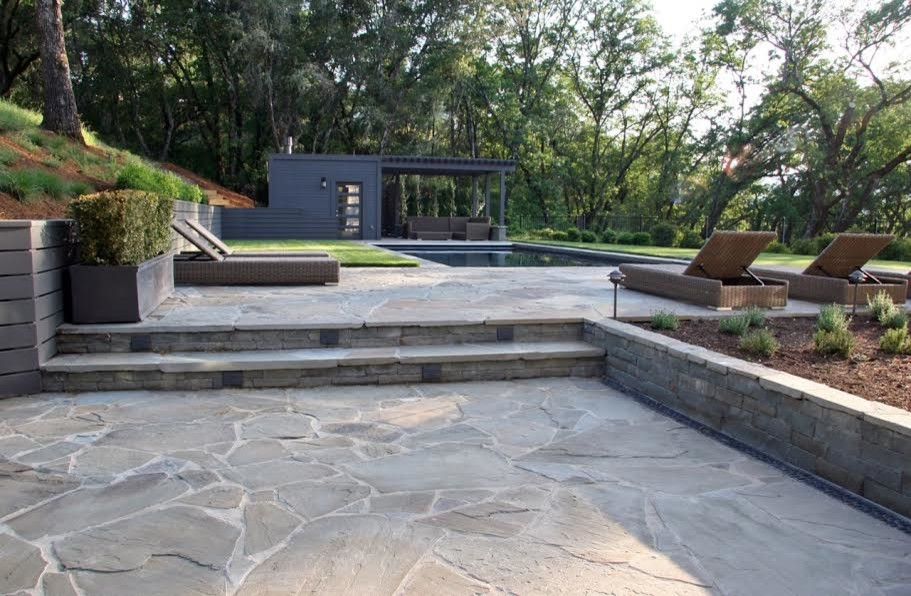 Landscapers Supply for a Contemporary Patio with a Pool Coping and Full Color Bluestone Paving, Steps and Wall by Sbi Building Materials & Landscape Supplies