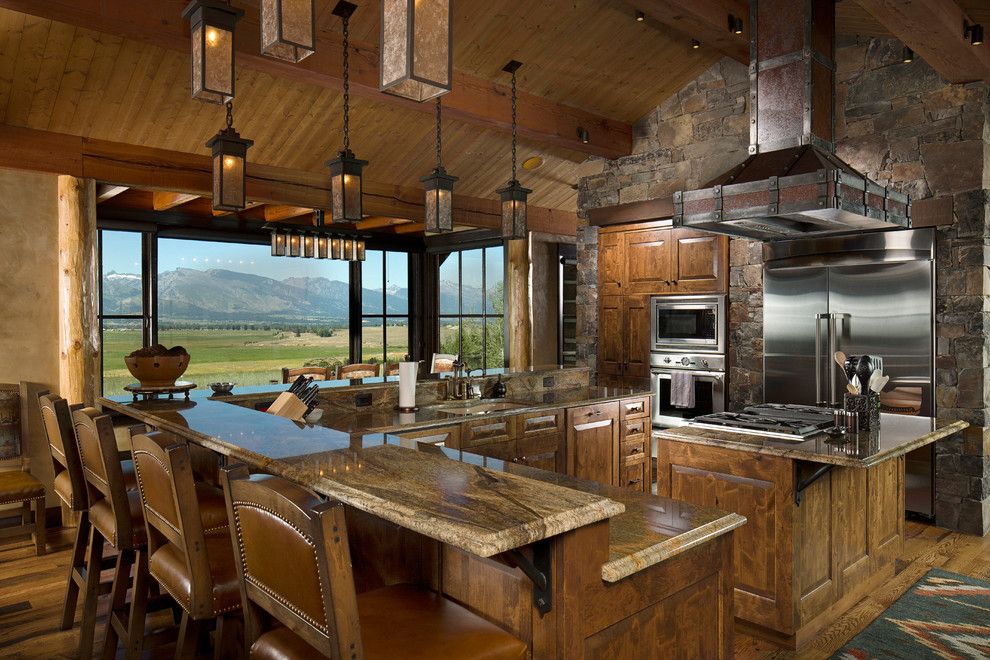 Lapidus Granite for a Rustic Kitchen with a Cooktop and Montana Family Compound by Shannon Callaghan Interior Design