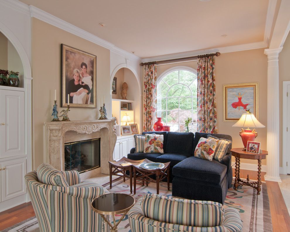 Lee Jofa for a Transitional Family Room with a Hand Tied Area Rug and Treyburn Sitting Room by Sew Fine Ii Custom Window Treatments and Interiors