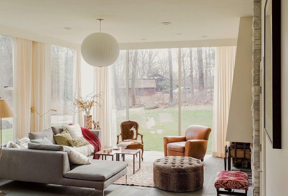 Lee Jofa for a Transitional Living Room with a Slate Floor and Lincoln by Annie Hall Interiors