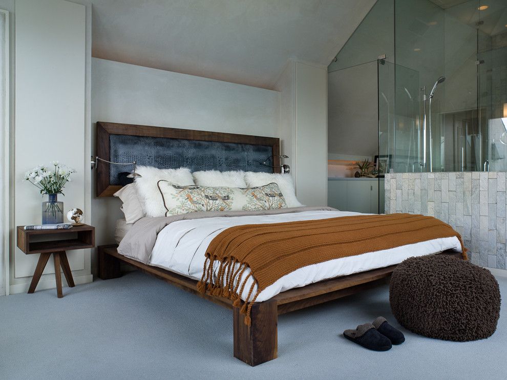 Leirvik Bed Frame for a Contemporary Bedroom with a Glass Wall and Contemporary Bedroom by Kristinawolfdesign.com