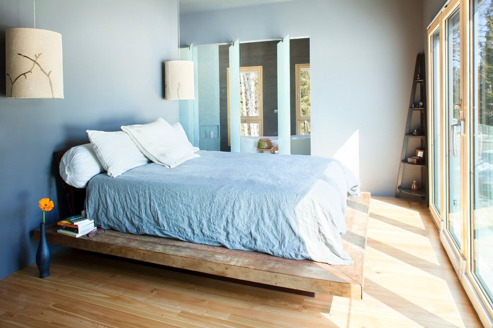 Leirvik Bed Frame for a Contemporary Bedroom with a Wood Bed and Energy Efficiency Model Home by Mindful Designs, Inc.