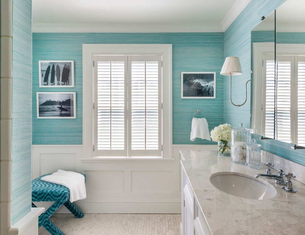 Lilly Pulitzer Wallpaper for a Beach Style Bathroom with a Beach Cottage and My Work: Shinglestyle Beach House by Kate Jackson Design