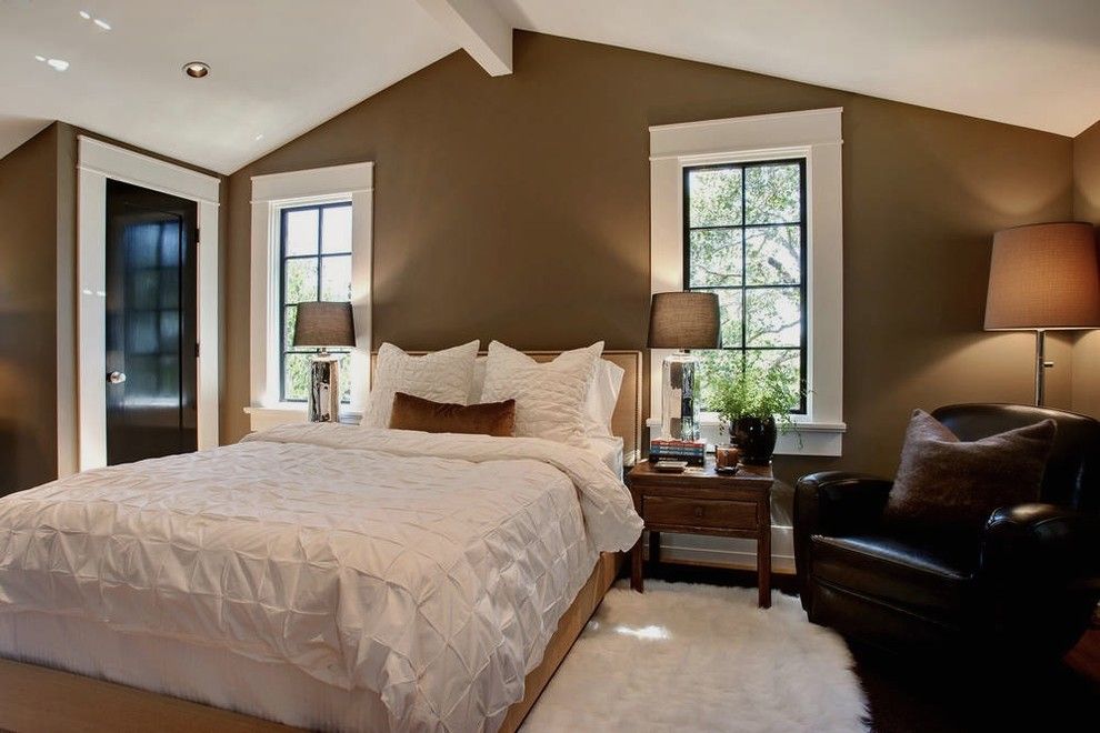 Loewen Windows for a Transitional Bedroom with a Dark Taupe Wall and Mill Valley, Ca by Urrutia Design