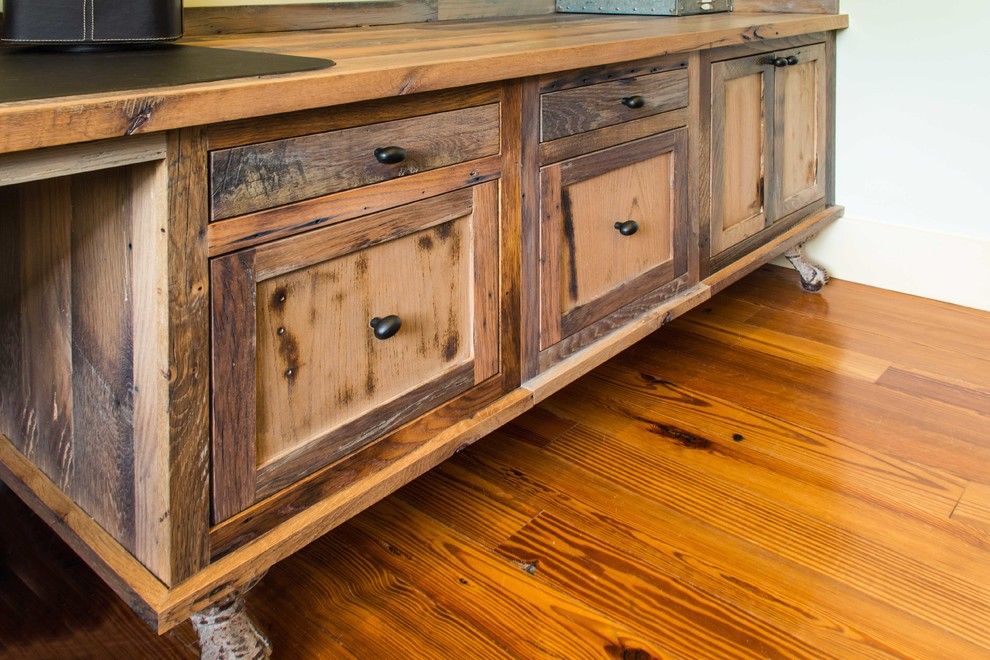 Longleaf Lumber for a Rustic Home Office with a Cabinets and Reclaimed Skip Planed Oak Furniture by Longleaf Lumber Inc