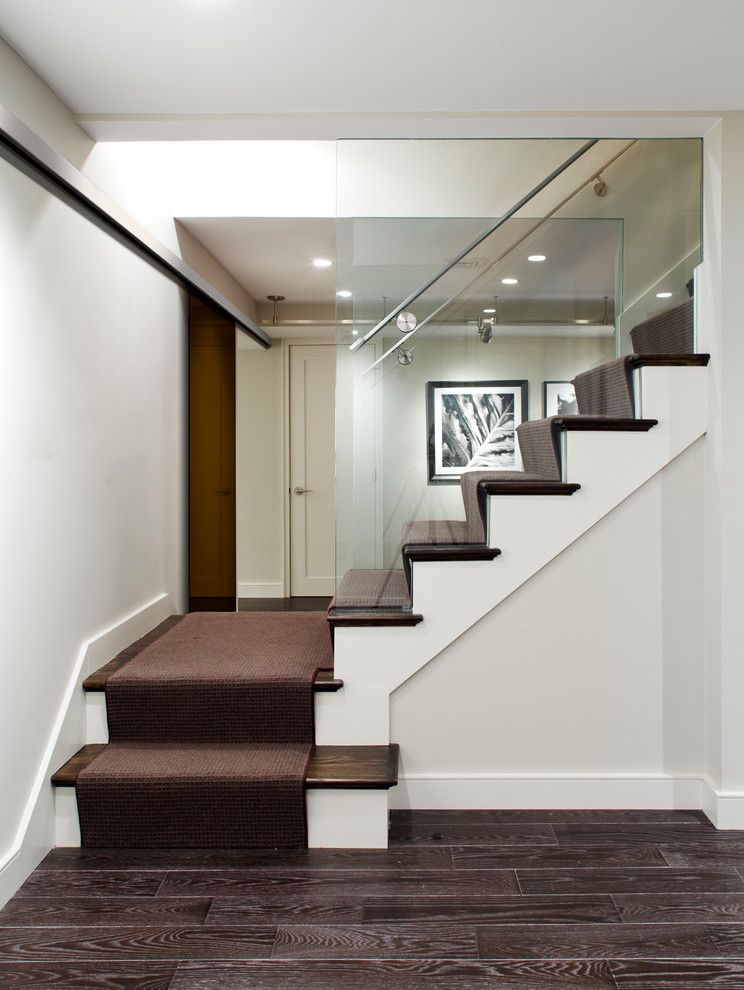 Low Pile Carpet for a Contemporary Staircase with a Handrail and Stoneham Residence by B&d Building & Remodeling