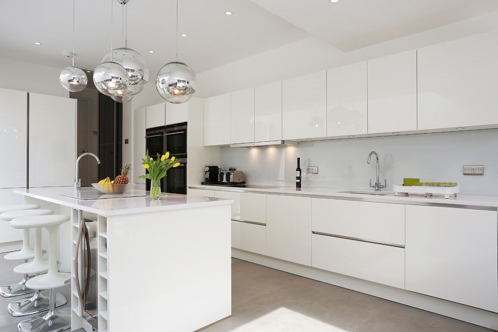 Lowes Kitchen Planner for a Contemporary Kitchen with a White Handleless Kitchen and White Gloss Island Kitchen by Lwk Kitchens London