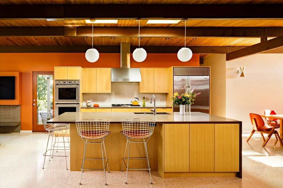 Lowes Portland Maine for a Midcentury Kitchen with a Orange Wall and Mid Century Portland by Risa Boyer Architecture