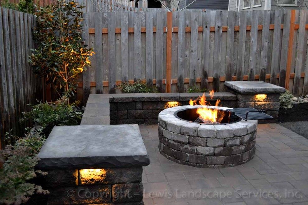 Lowes Tigard for a Modern Patio with a Hardscape and Paver Patio, Seat Wall, Fire Pit, Outdoor Lighting, Landscaping by Lewis Landscape Services, Inc.