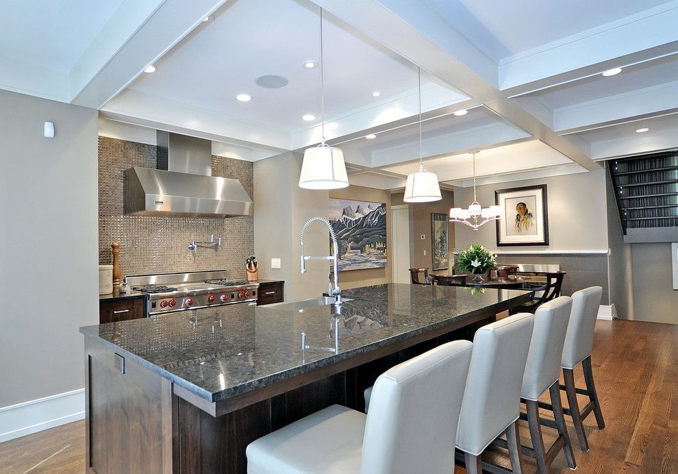 Luna Pearl Granite for a Transitional Kitchen with a Chandelier and Kitchen by Bruce Johnson & Associates Interior Design