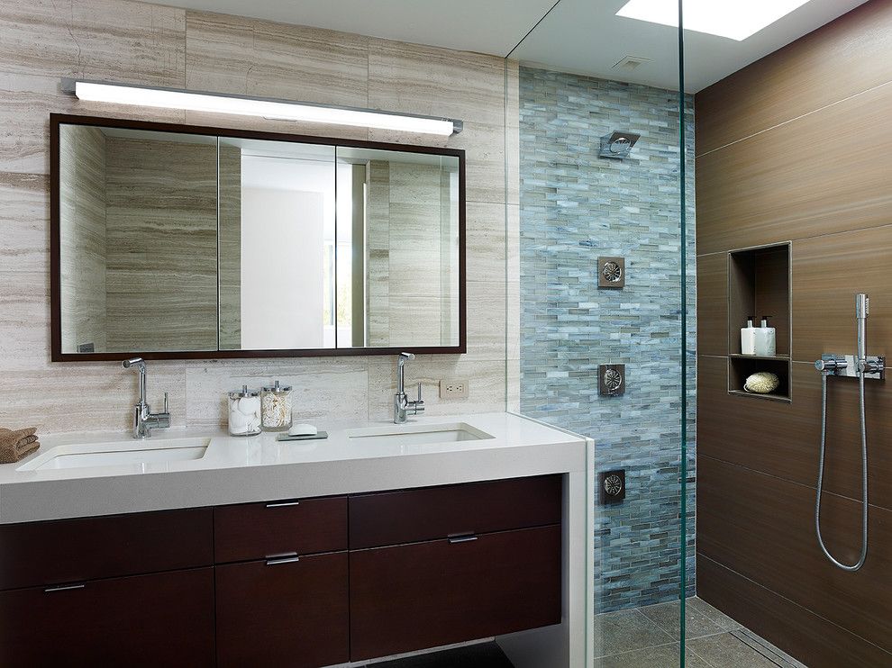 Lunada Bay Tile for a Modern Bathroom with a Framed Medicine Cabinet and Society Hill Townhouse Ii by K Yoder Design, Llc