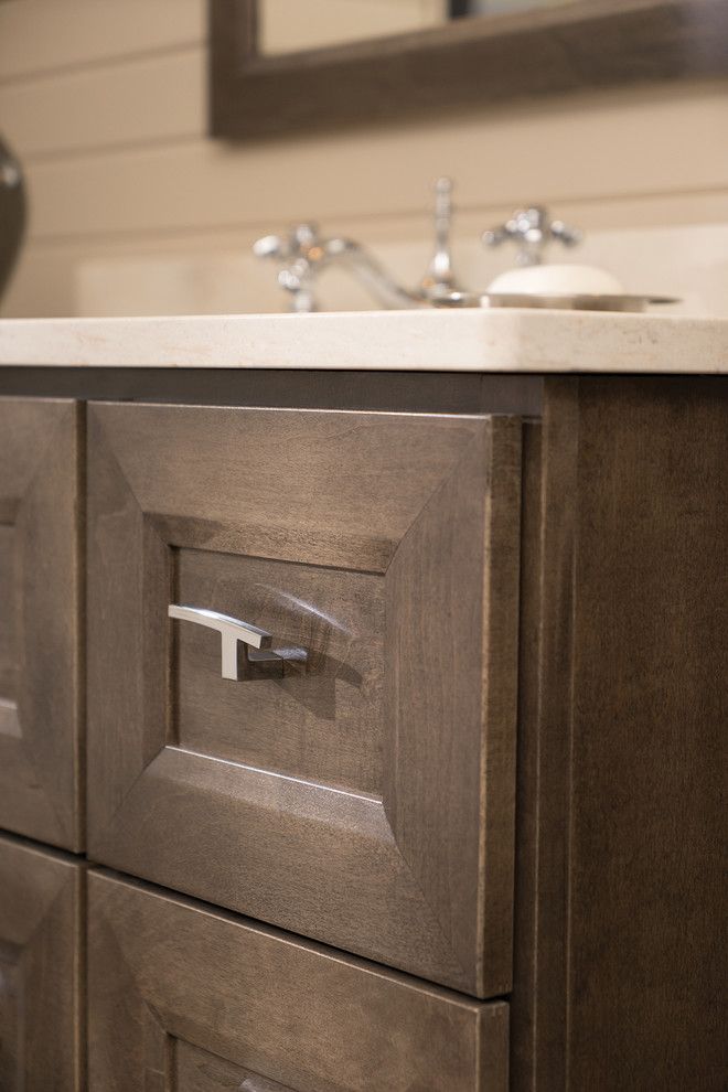 Lynden Door for a Transitional Bathroom with a Bath Furniture and Beautifully Beveled Bathroom Bliss Furniture Vanity and Linen Cabinet by Dura Supreme Cabinetry