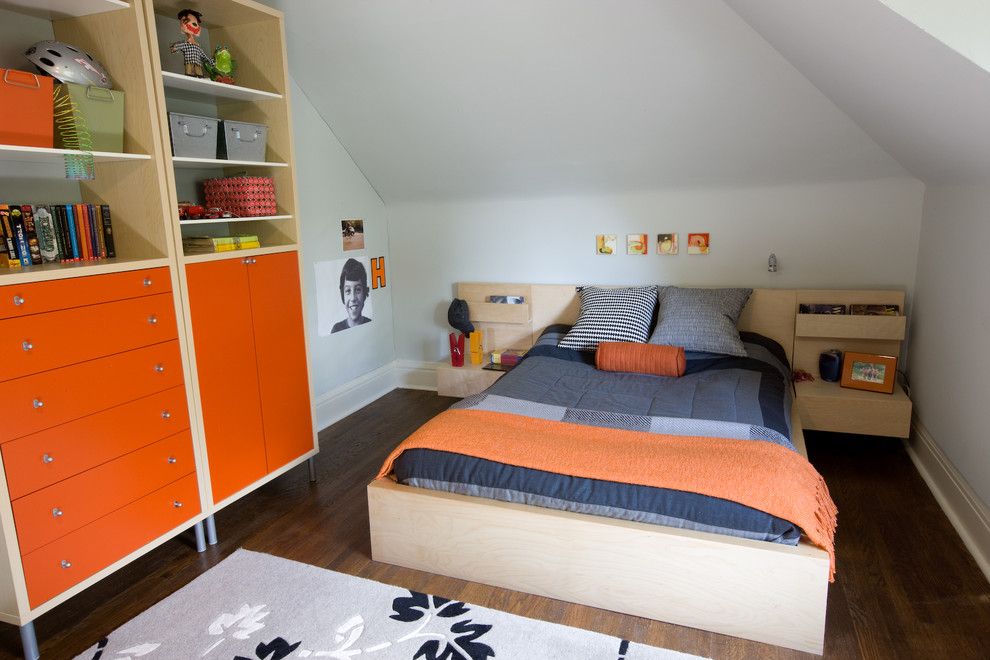 Malm Bed Frame for a Contemporary Kids with a Dark Wood Floors and Braemore Gardens Teen Bedroom by Lisa Lev Design