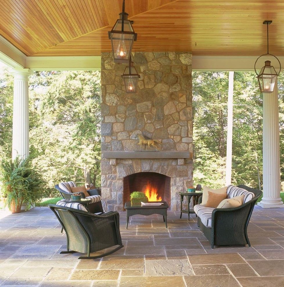 Manteo Furniture for a Traditional Patio with a Wicker Rocking Chair and Outdoor Fireplaces by Mark P. Finlay Architects, Aia