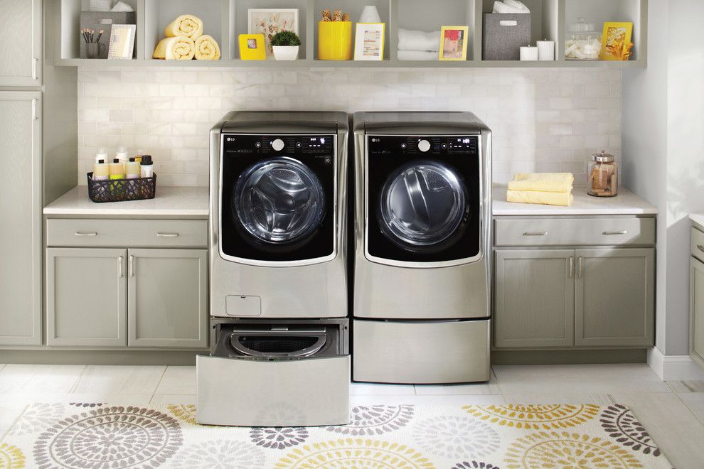 Masonite Doors for a Contemporary Laundry Room with a White Countertop and Lg Electronics by Lg Electronics