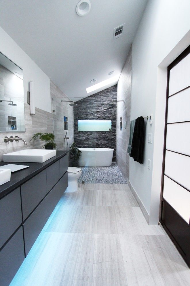 Master Bathroom Layouts for a Contemporary Bathroom with a Wall Mount Faucets and Cool Gray by Change Your Bathroom, Inc.