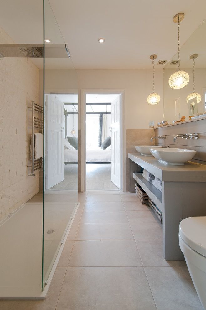 Master Bathroom Layouts for a Transitional Bathroom with a Shower Panel and Pilgrims Way by 50 Degrees North Architects