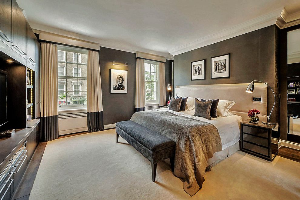 Master Bedroom Decorating Ideas for a Contemporary Bedroom with a Mens Bedroom and Chelsea Townhouse by Compass and Rose