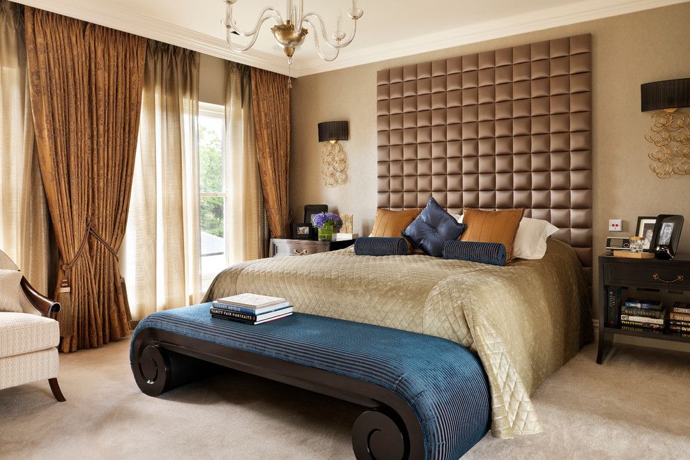 Master Bedroom Decorating Ideas for a Traditional Bedroom with a Upholstered Headboard Wall and Country House Master Bedroom by Oliver Burns