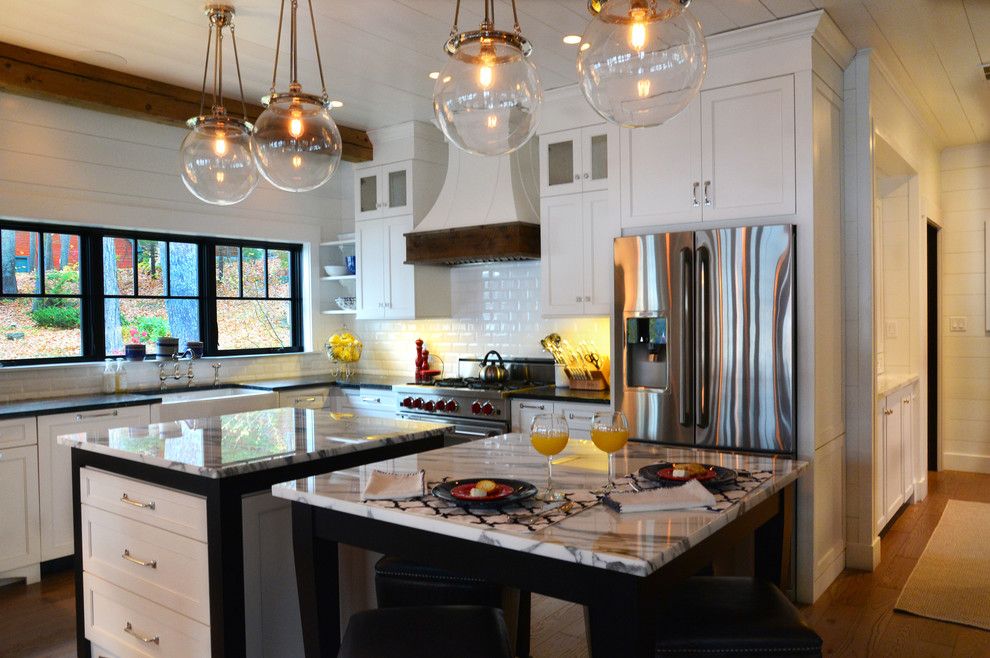 Masterbrand Cabinets for a Farmhouse Kitchen with a Subway Tile and Lake Home by a Perfect Placement