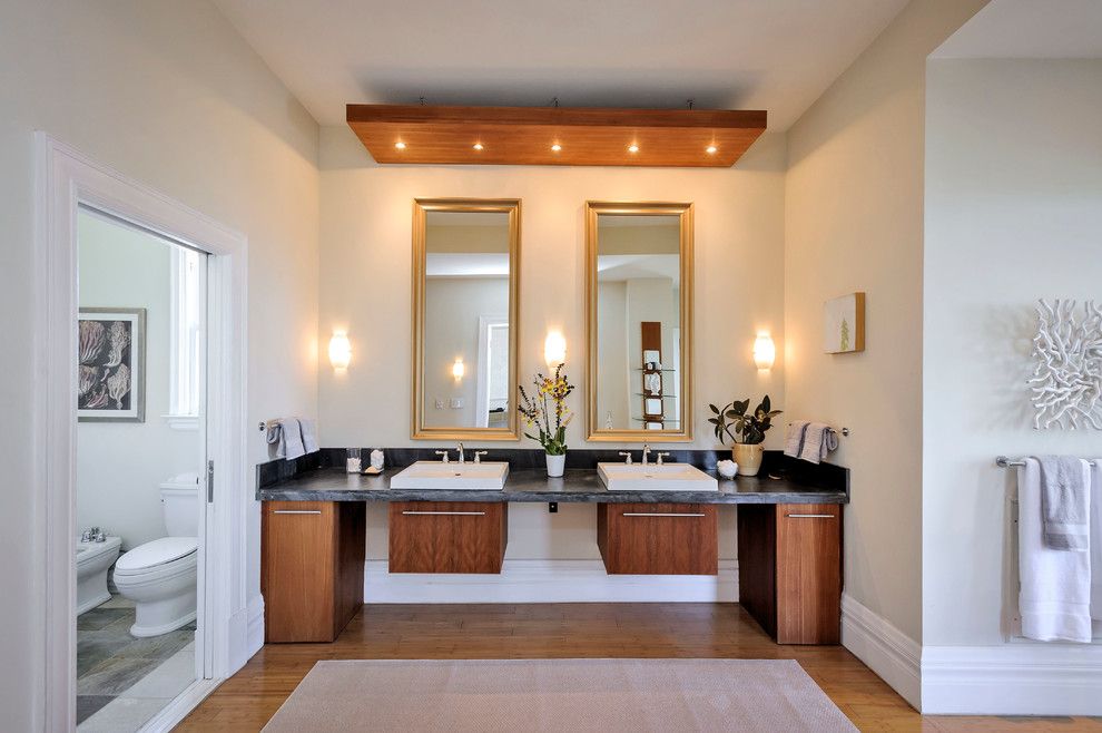 Mayer Lighting for a Contemporary Bathroom with a Double Sinks and Buena Vista Beauty by Dennis Mayer, Photographer