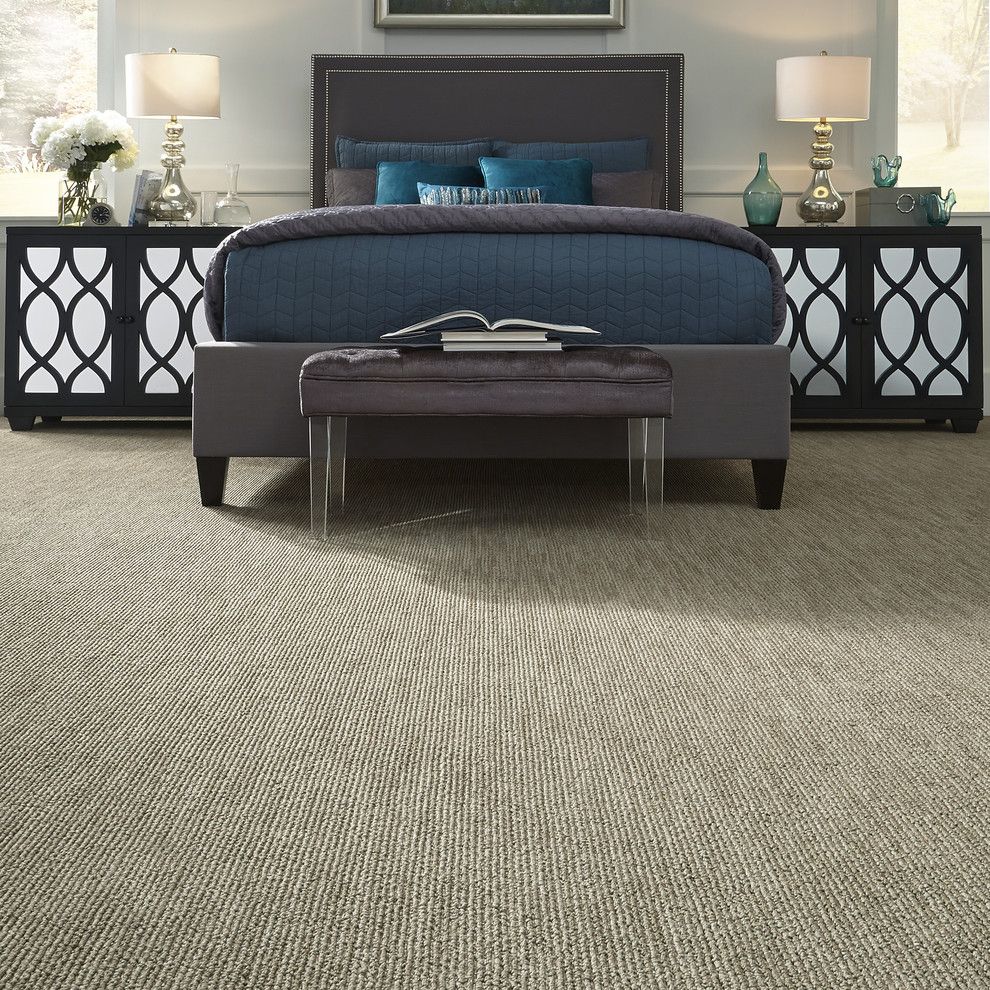 Mecho Shades for a Contemporary Bedroom with a Blue Bedding and via Lido by Tuftex Carpets of California