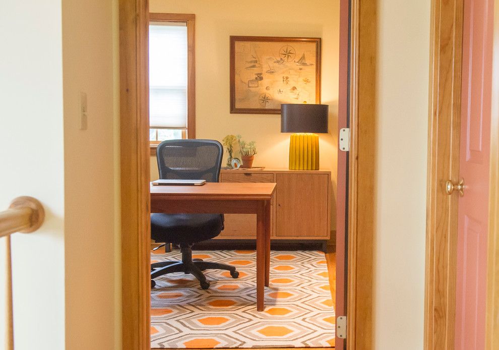 Mecho Shades for a Modern Home Office with a Wood Console Table and Chatham, Ny Home Office by Bespoke Decor