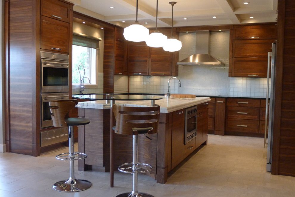 Minwax Dark Walnut for a Contemporary Kitchen with a Side by Side Refrigerator and Freezer and Walnut Horizontal Grain Kitchen by Susan Brook Interiors