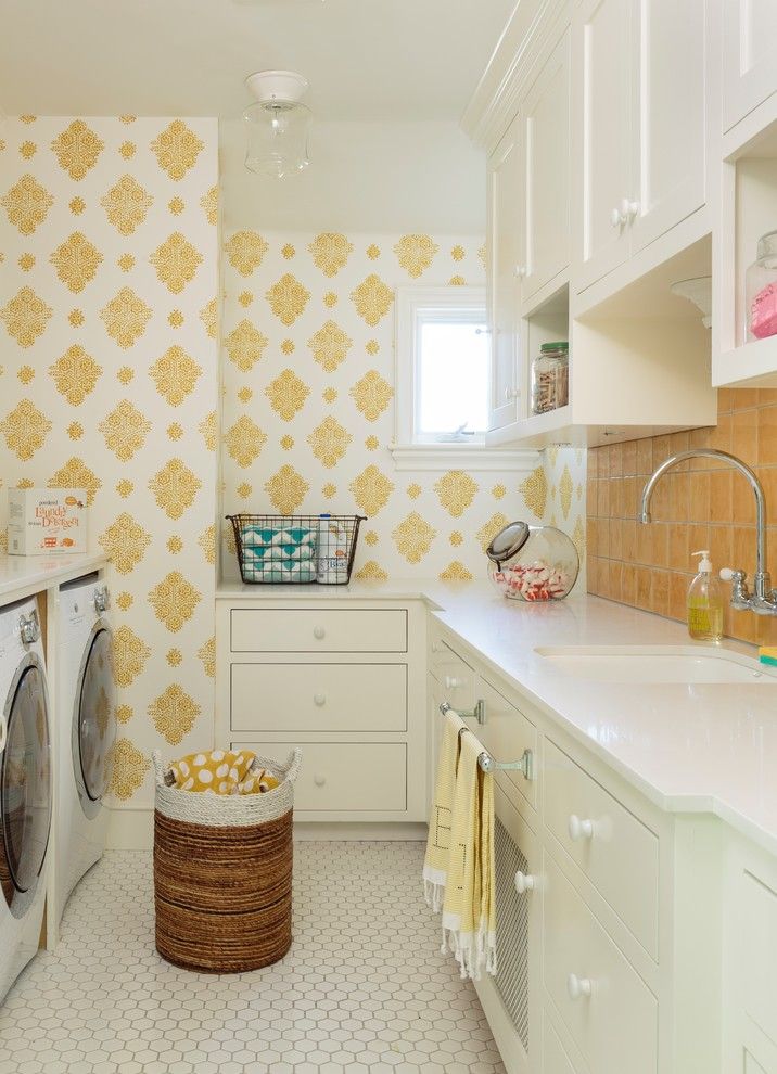 Mission Tile West for a Transitional Laundry Room with a Yellow and Hamptons Style House by Alison Kandler Interior Design