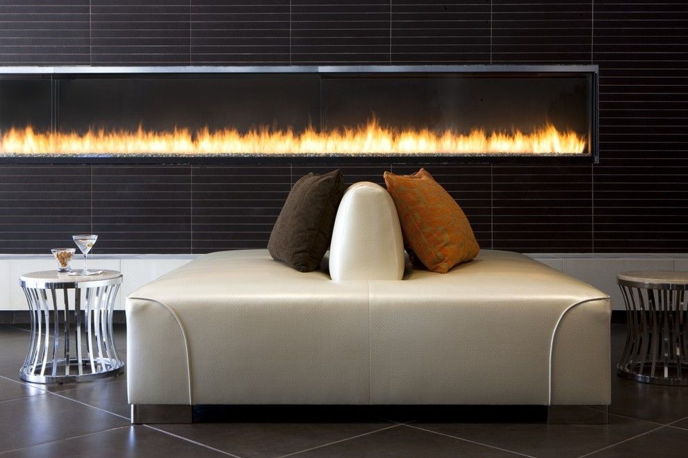 Montigo for a Contemporary Living Room with a Lounge Seating and 16' Custom Gas Fireplace by Montigo Fireplaces