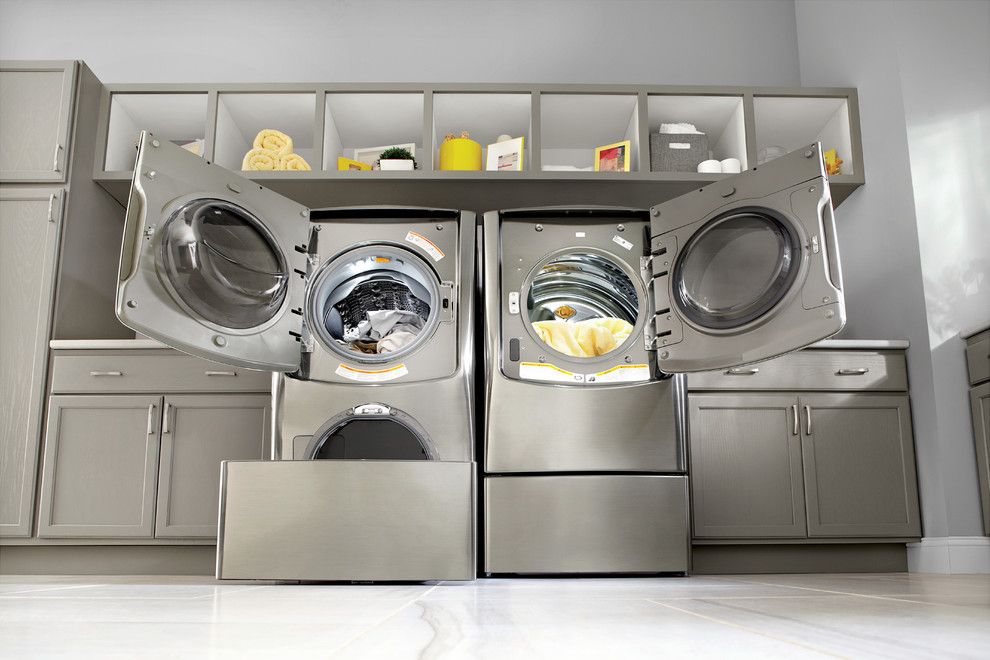 Mosa Tile for a Contemporary Laundry Room with a Gray Flor Tile and Lg Electronics by Lg Electronics