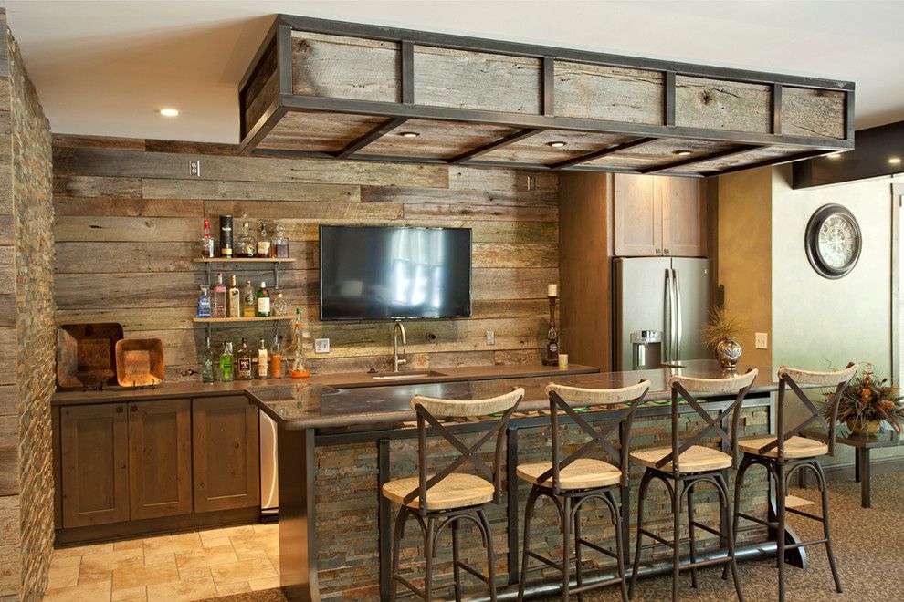 Mr Bar Stool for a Rustic Home Bar with a Barn Wood and Driftwood Basement by the Cabinet Store