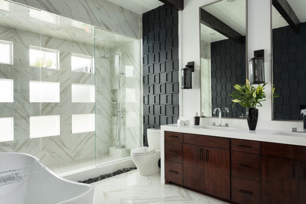 Msi Tile for a Contemporary Bathroom with a Floor Mounted Shower Fixture and San Clemente Master Bath Remodel by Susan Thiel Design