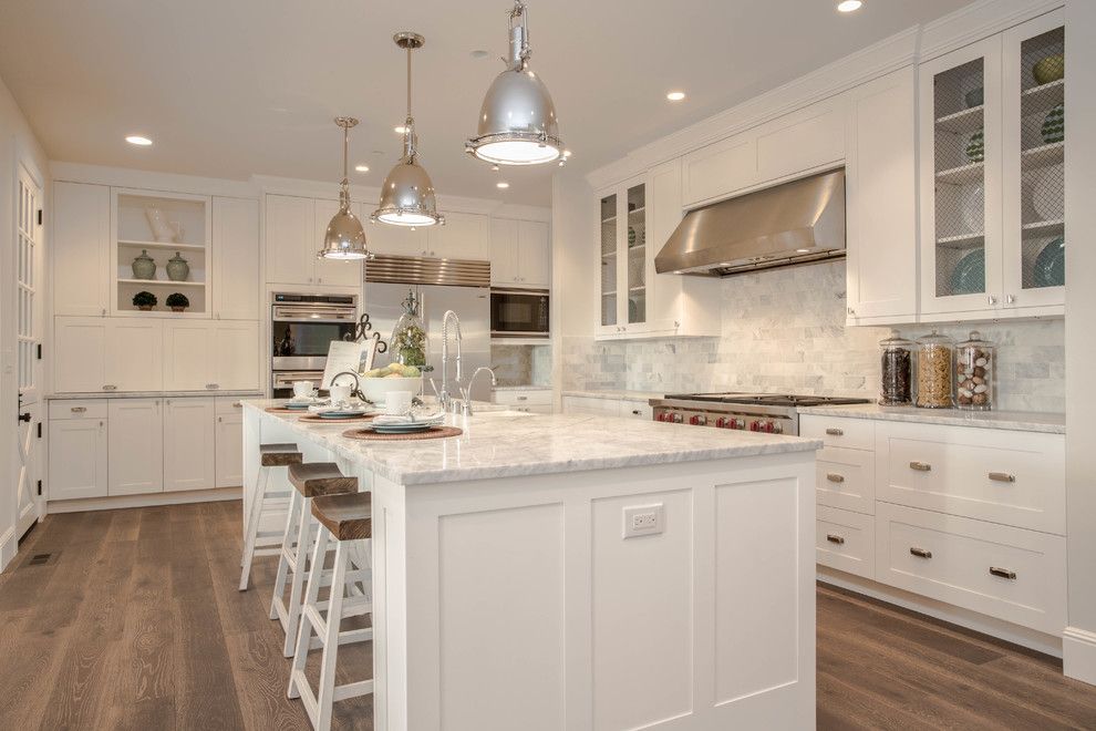 Msi Tile for a Farmhouse Kitchen with a Wood Counter Stools and Clyde Hill Modern Farm House by Calista Interiors