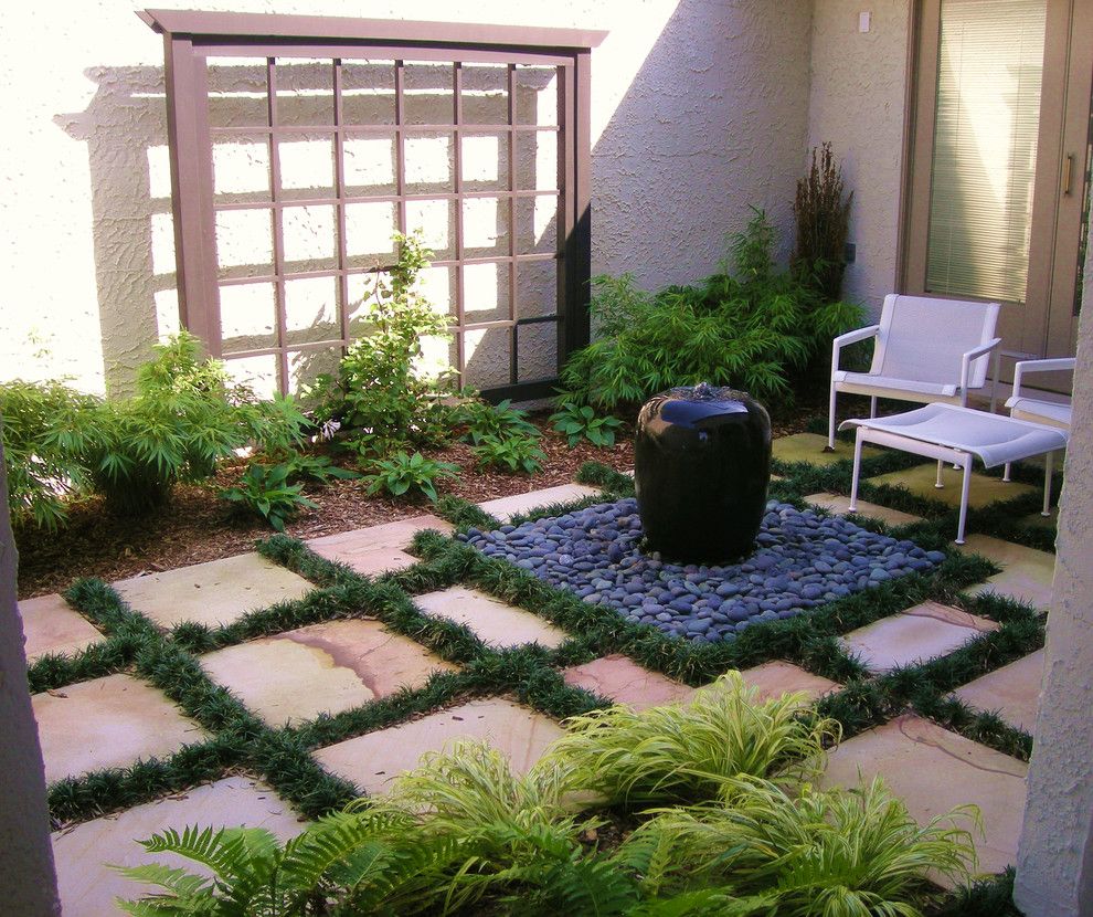 Mundo Tile for a Asian Patio with a Water Feature and Entry Courtyard by the Todd Group