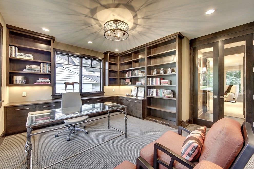 Muska Lighting for a Transitional Home Office with a Glass Desktop and Edina on Parade by Skd Architects