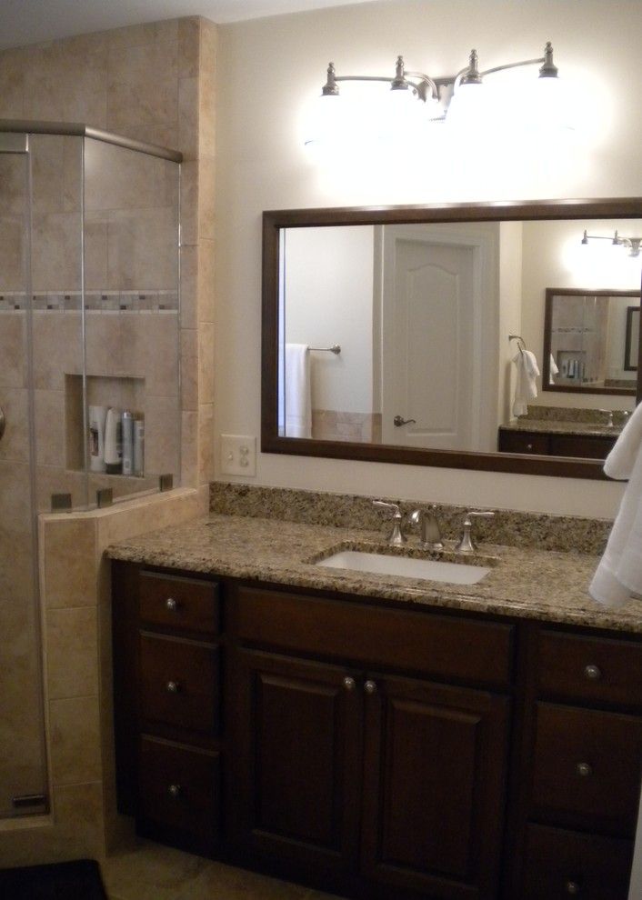 New Venetian Gold Granite for a Traditional Bathroom with a Neutral Color Palette and Vienna Master Bath   Vanity by Synergy Design & Construction