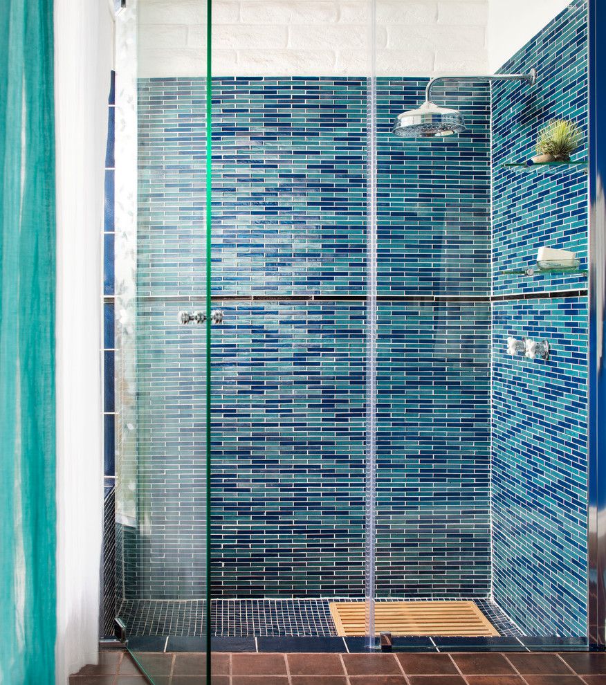 Oceanside Glass Tile for a Beach Style Bathroom with a Blue Glass Tile and Oceanside Glasstile Projects by Ceramic Matrix