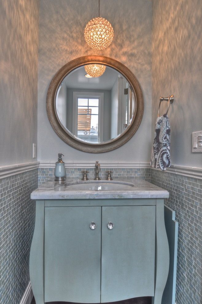 Oceanside Glass Tile for a Traditional Powder Room with a Tile Wainscot and Freestone Residence by Luann Development, Inc.