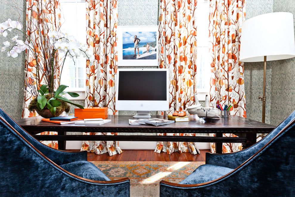 Ocher Color for a Eclectic Home Office with a Brass Floor Lamp and Island Dwelling by Cortney Bishop Design