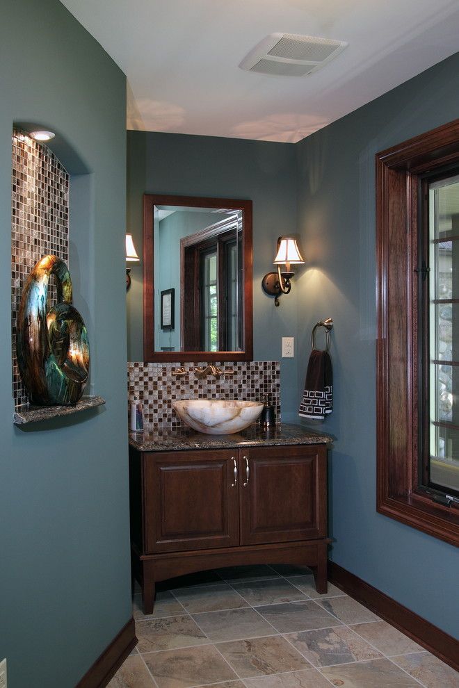 Ochre Color for a Traditional Powder Room with a Teal Walls and Whole House Remodel in Delafield Wi by Urban Herriges & Sons, Inc.